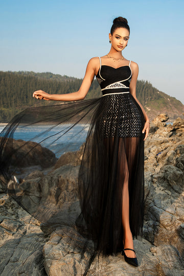 Sparkly Black Spaghetti Straps Tulle A Line Long Formal Dress